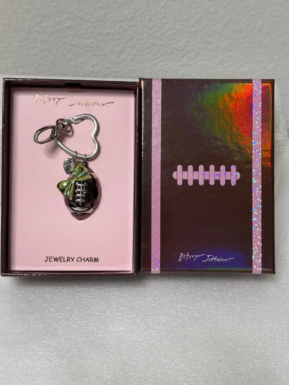 💖🏈✨ Betsey Johnson Football Charm Keyring – Pink & Black with Green Bow